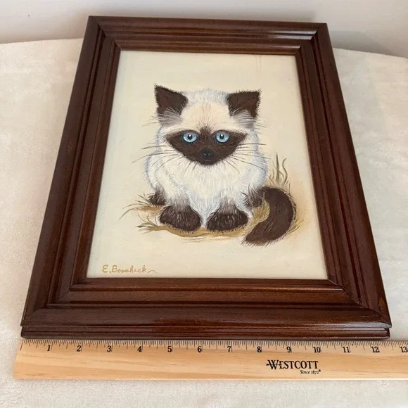 Vintage Siamese Cat Painting Signed E Boscheck Framed Blue Eyes Kitten Art